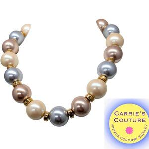 Vintage 1985 Signed Monet Multi-Color Big Faux-Pearl Necklace
